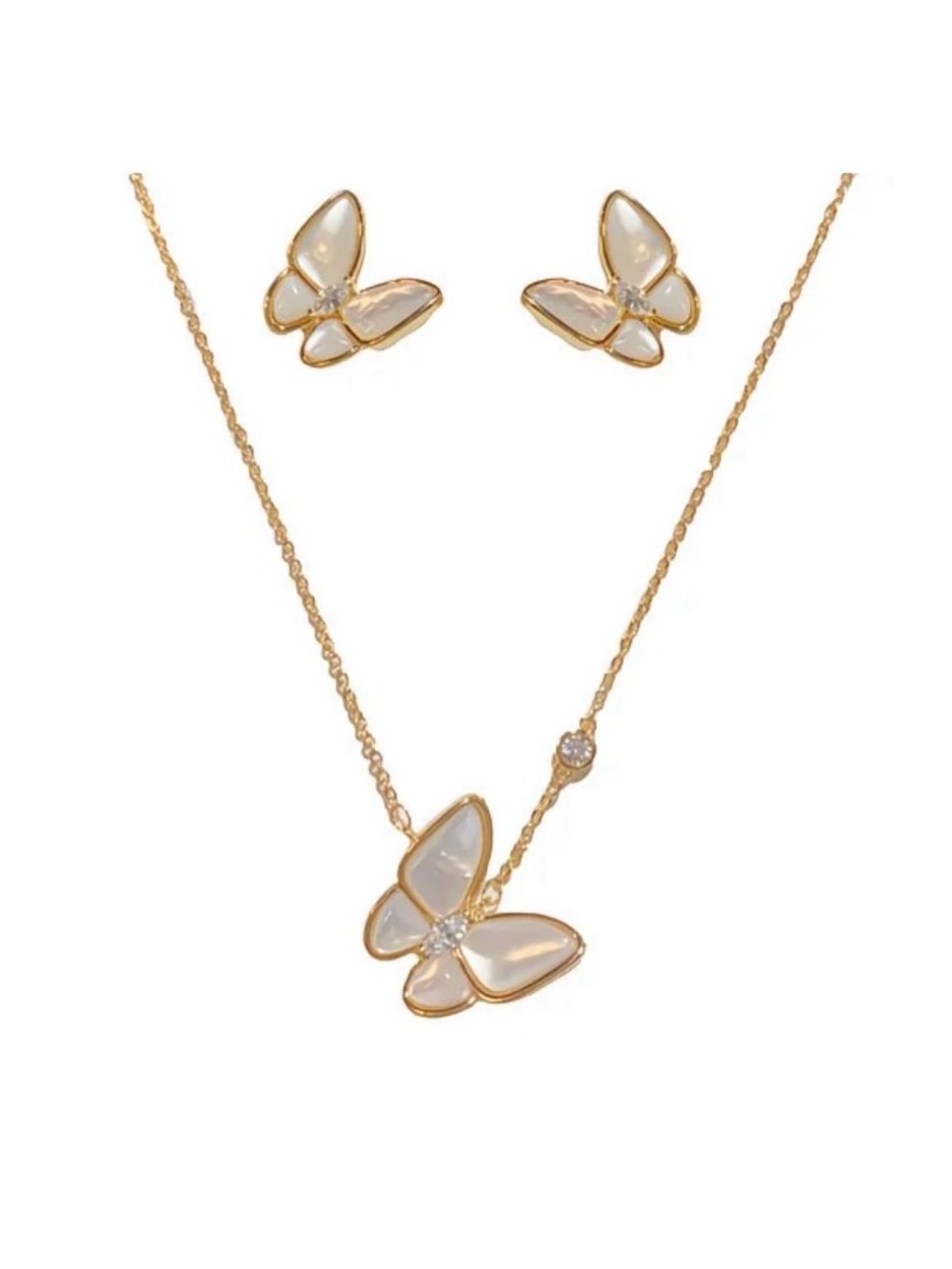 Gold Butterfly Mother of Pearl Necklace & Stud Earrings Set